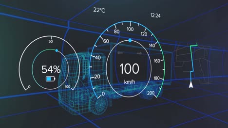 animación del velocímetro, el gps y los datos del estado de carga en la interfaz del vehículo, en un modelo de camión 3d