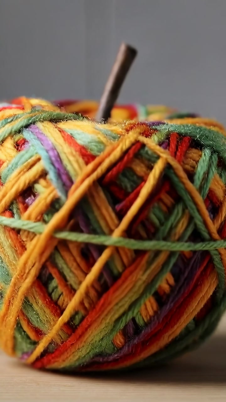 Vertical video: Shifting camera showing yarn ball rotating, revealing twig on wood table like apple