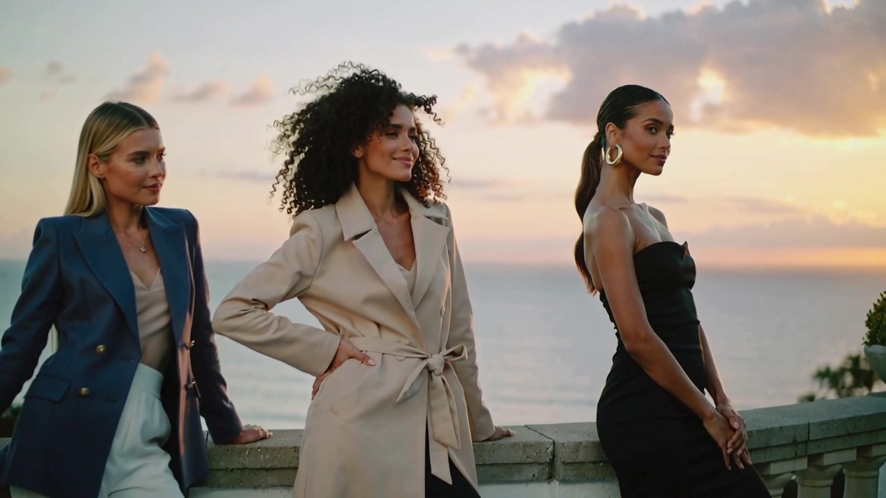 Tre modelle in posa che si aggiustano, con la telecamera che stringe sulla balaustra, mostrando un blazer e un abito senza spalline.
