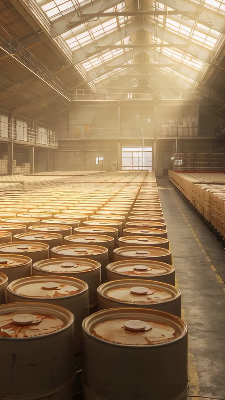 Vertikales Video: Sich bewegende Kamera, die verrostete Metallfässer in einer Lagerhalle zeigt, Oberlichter beleuchten Staub