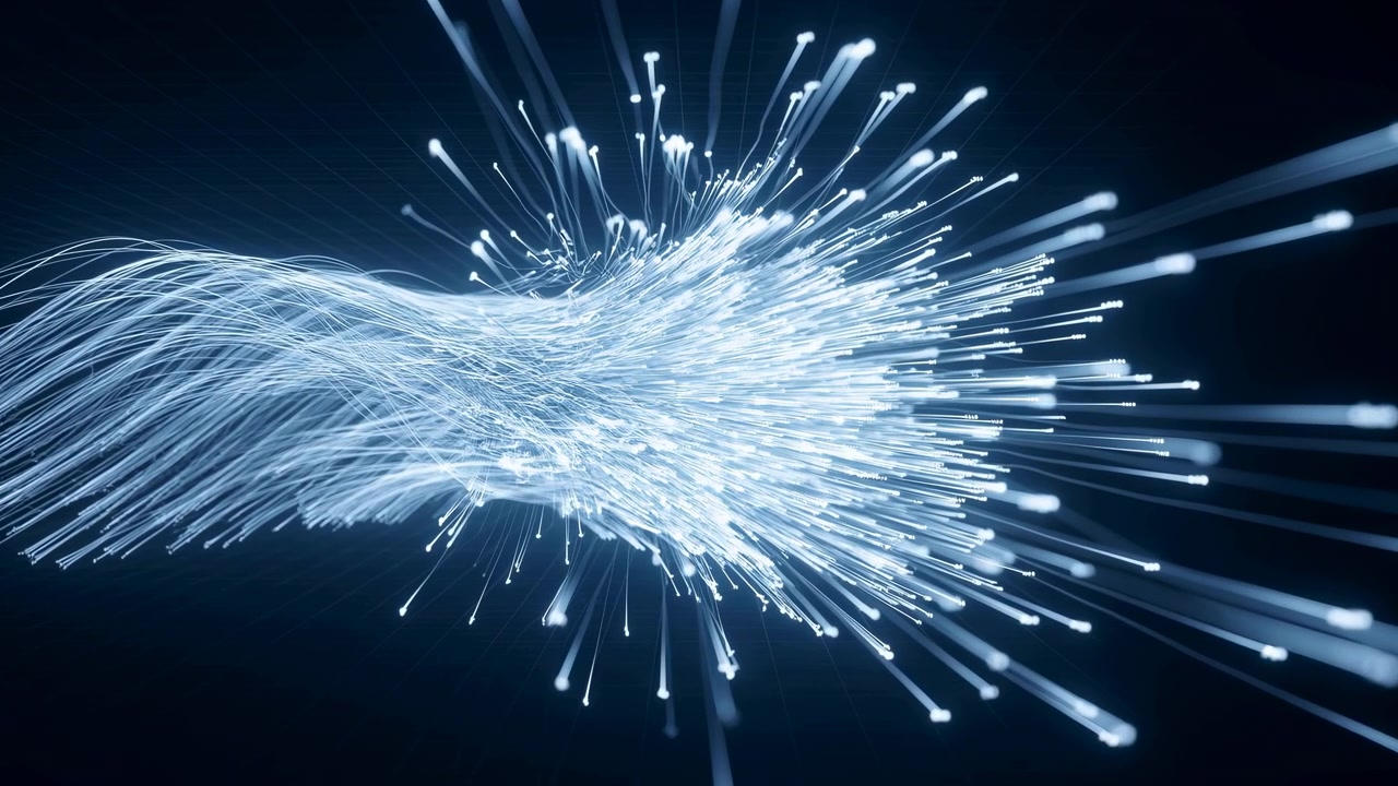 Blue Fiber Optic Energy Burst Across Frame Forming Pulsing Data Wave With Luminous Strands And Cool Neon