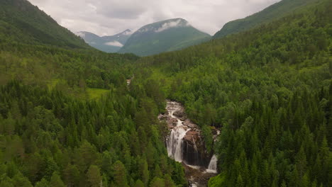 Waterfalls-and-Green-Forest-In-The-West-Coast,-Norway