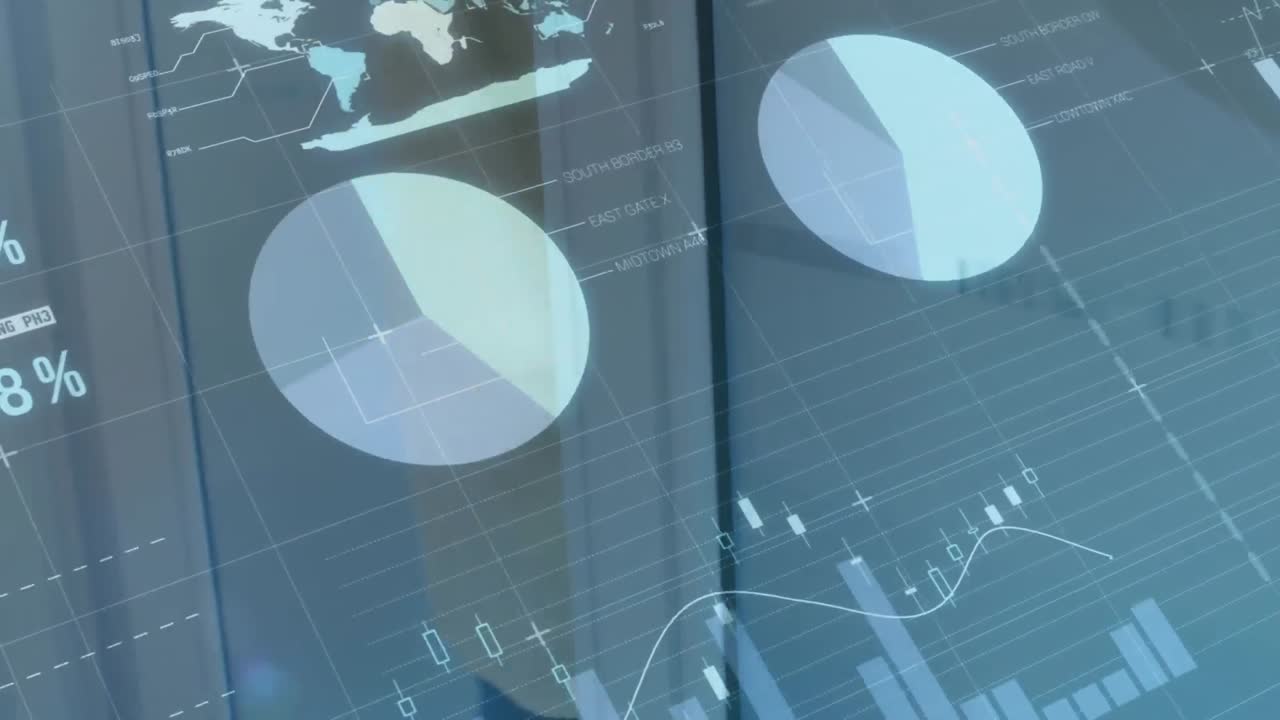 Animation of infographic interface over midsection of caucasian man opening door and walking out