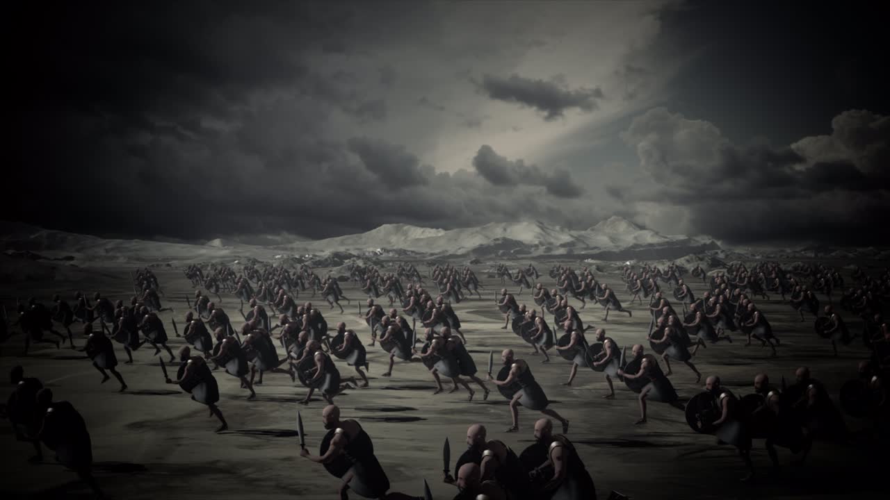 개방된 전장에서 검과 방패로 공격하는 큰 군대