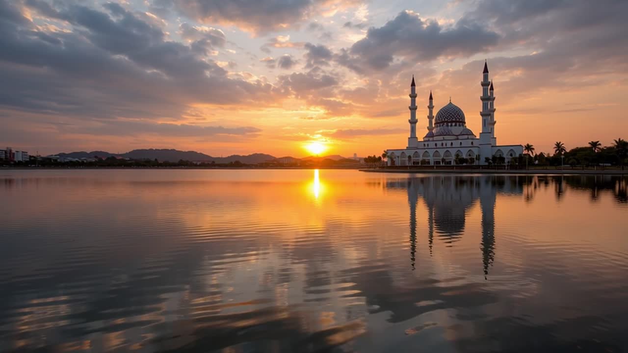Maestosa Moschea Riflessa nell'Acqua al Tramonto Dorato