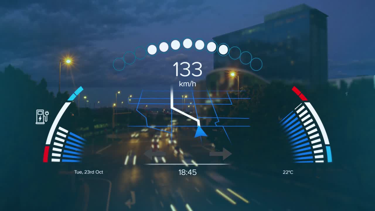 animación de la interfaz con el icono de carga de la batería y el velocímetro sobre el paisaje urbano