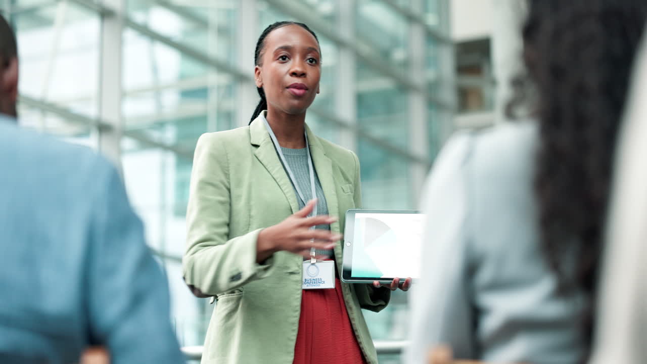 Tablet, training and presentation with black woman