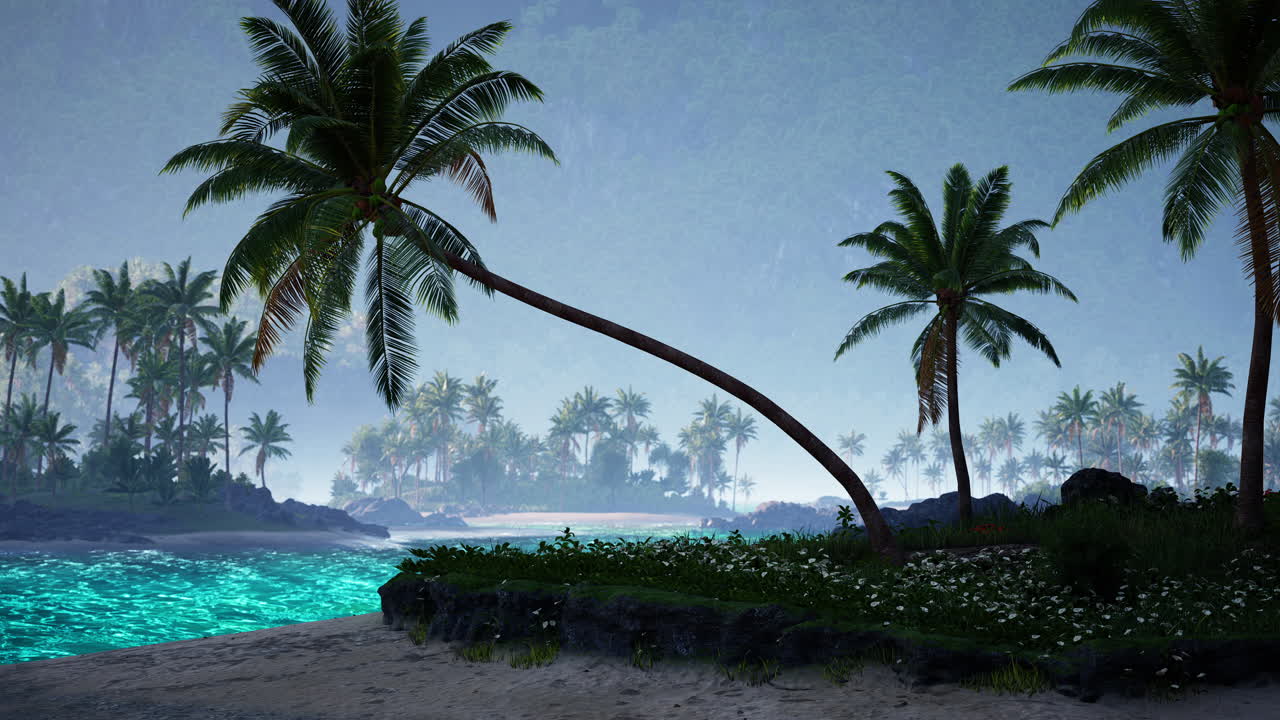 Serene tropical beach at dusk with palm trees and calm turquoise waters