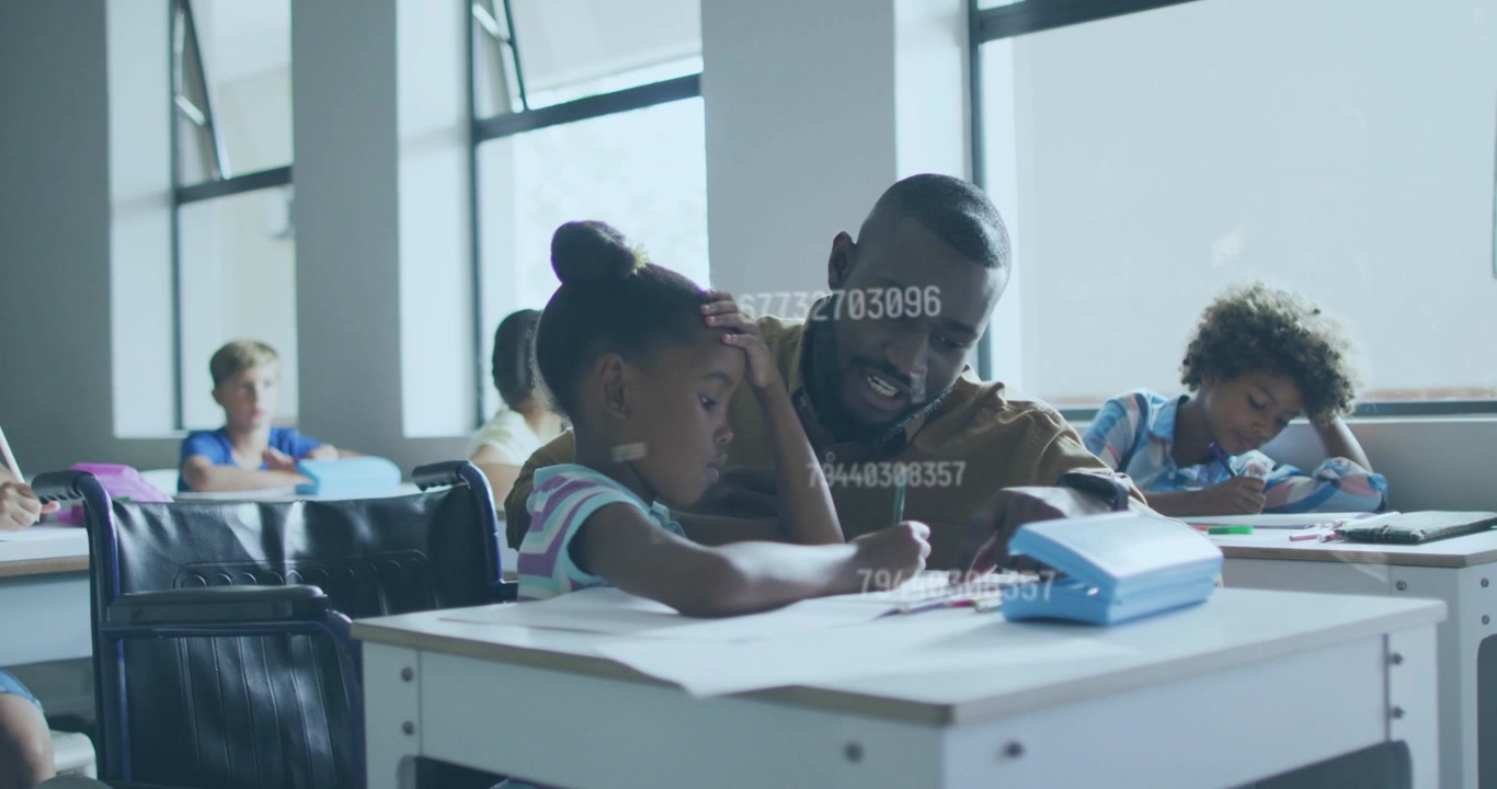 Father speaking guiding girl using pencil moving numeric strings shifting across desk for education