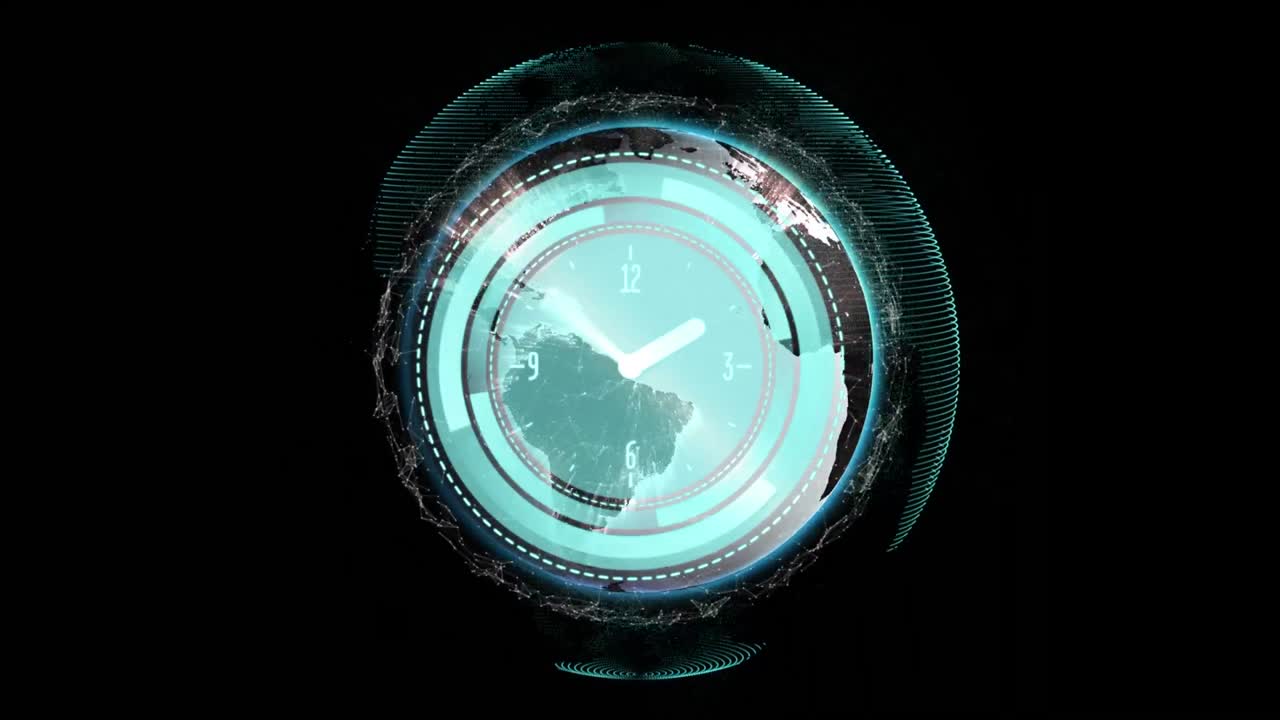 Animation of moving clock over globe on black background
