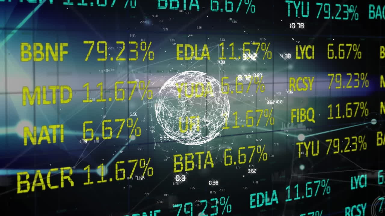 animación del globo con conexiones y procesamiento de datos financieros
