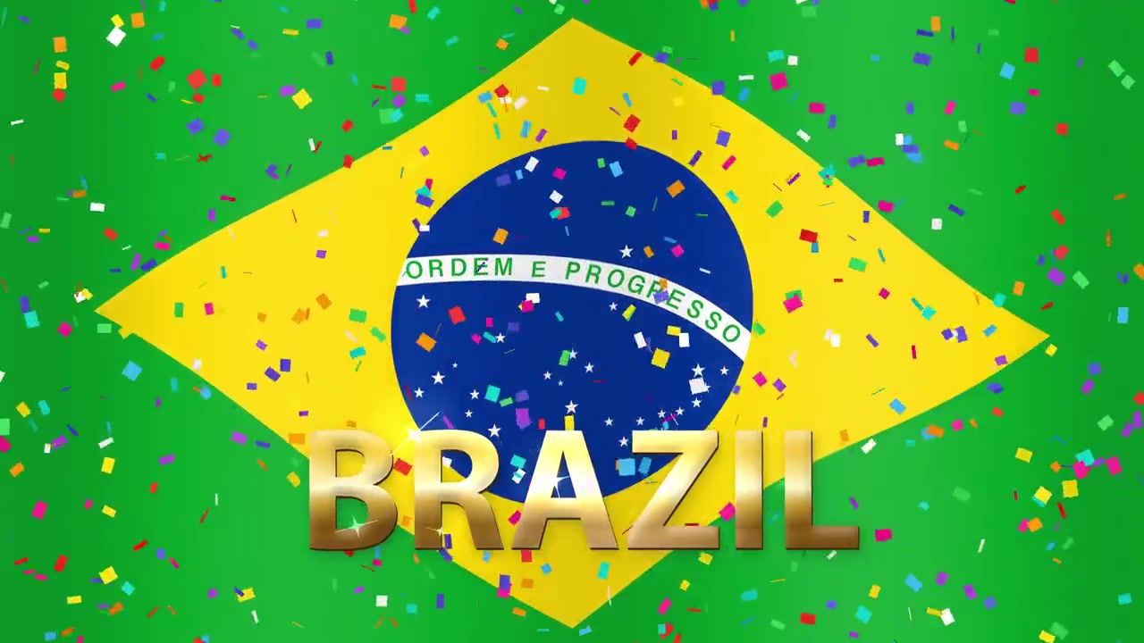 Um fundo com a bandeira do Brasil tremulando apresenta texto dourado 3D e partículas de confete coloridas caindo