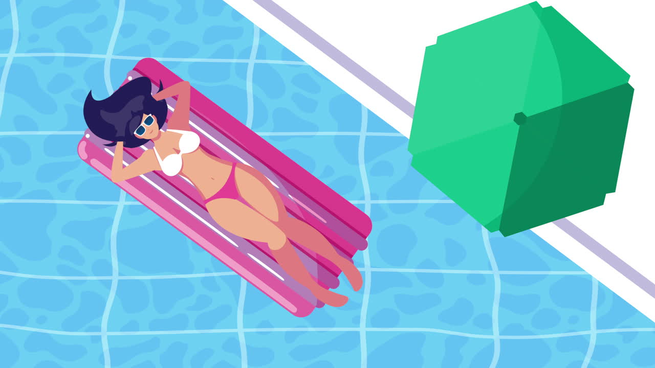 girl tanning in pink pad floating in pool scene