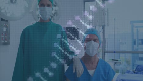 Animation-of-rotating-dna-over-caucasian-female-and-male-surgeons-in-face-masks