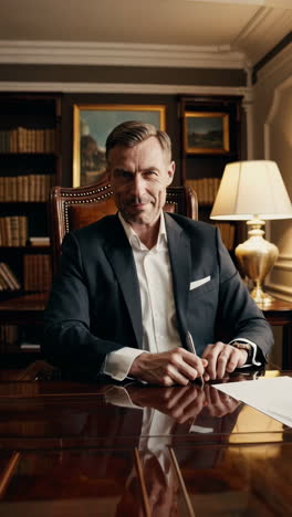 businessman signing documents in a luxury office