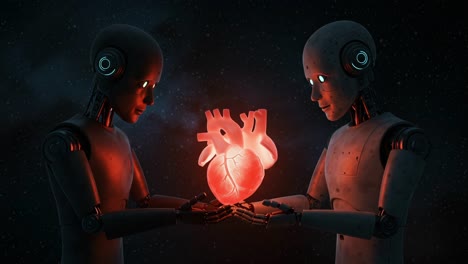 two robots engaging in a touching moment as they safely exchange a glowing heart, symbolizing connection and emotion in a futuristic world of artificial intelligence