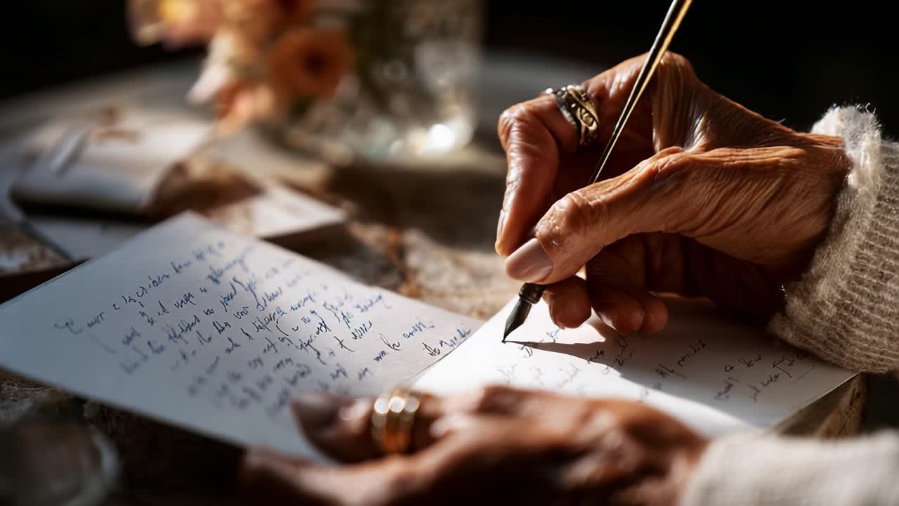 An Intimate Moment of Reflection: A Close-Up of Hands Writing a Thoughtful Letter, Highlighting the Grace in Personal Correspondence and the Beauty of Written Words