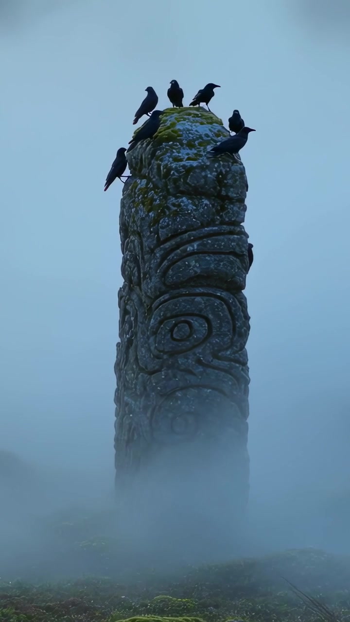 Vertikales Video: Nebel zieht um Steinsäule, Krähen drehen sich und flattern, moosbewachsene Krone.