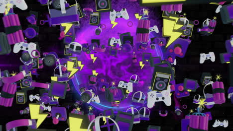 animación de iconos de juegos y música sobre formas en fondo negro
