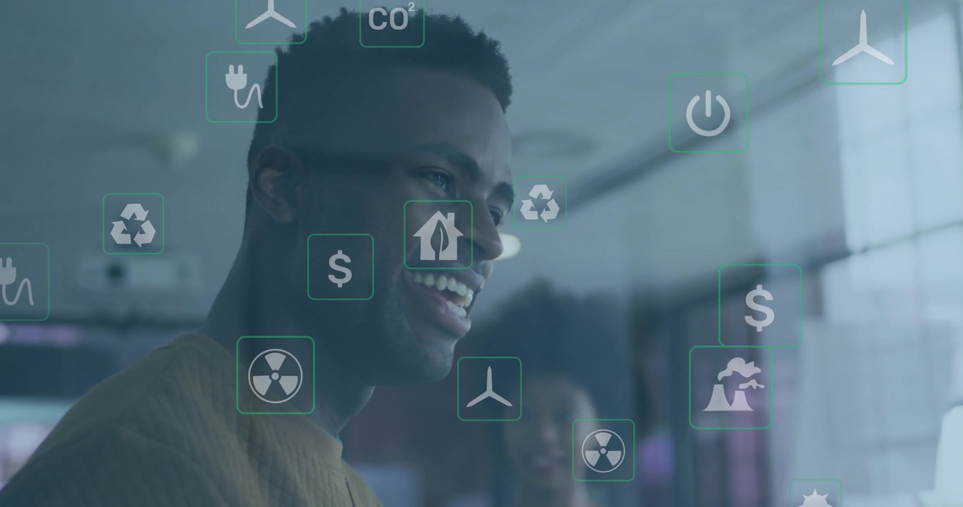 Professional Discussing Sustainability and Energy Data in Modern Office