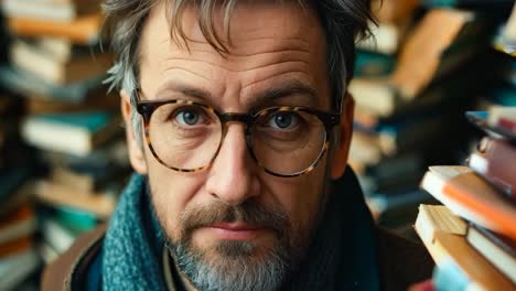 a man with glasses and a scarf standing in front of a pile of books