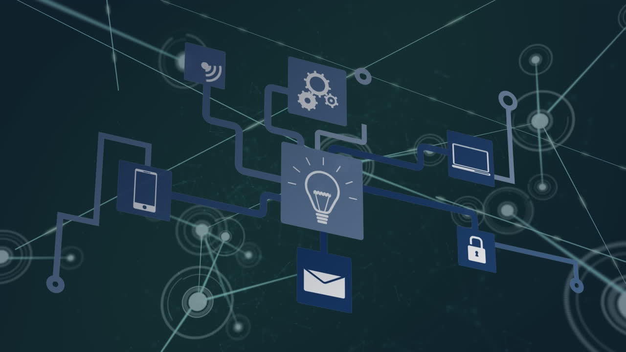 Animation of network of connections with icons on black background