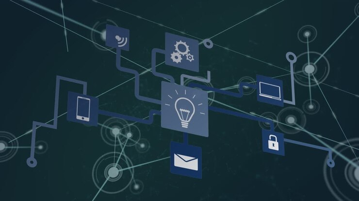 Animation of network of connections with icons on black background