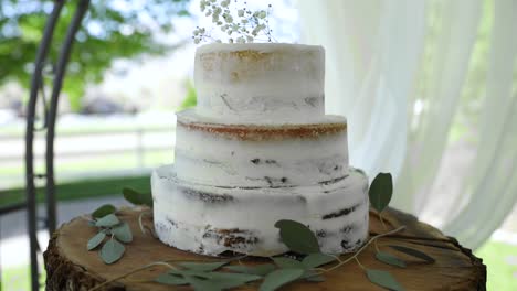 Hochzeitstorte-Im-Freien-Auf-Baumstamm,-Drei-Ebenen-Mit-Zuckerguss---Orbit-Shot