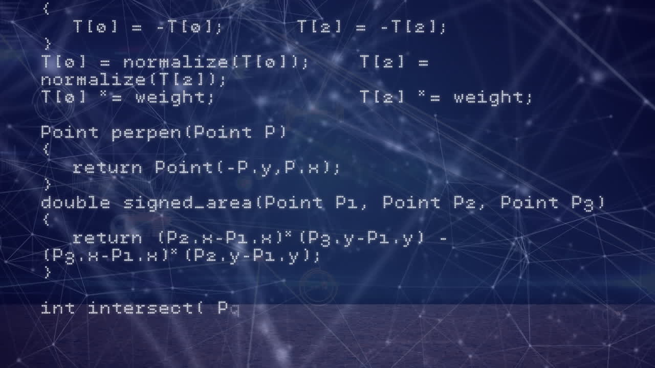 Animation of networks of connections and data processing over black background