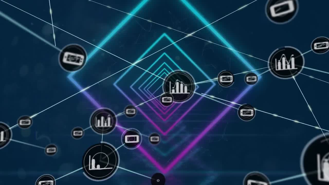 animación de una red de iconos digitales sobre cuadrados concéntricos de neón en un patrón sin costuras.