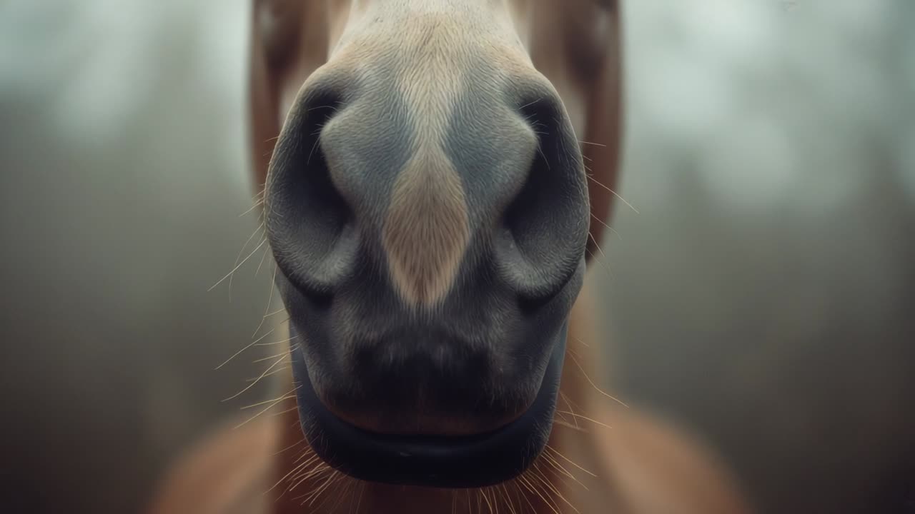 Breaking stillness, bay horse muzzle inhaling air in foggy clearing, with whiskers quivering