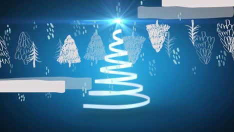 Punto-De-Luz-Sobre-La-Cinta-Formando-Un-árbol-De-Navidad-Contra-Los-Iconos-Del-árbol-De-Navidad-Sobre-Fondo-Azul.