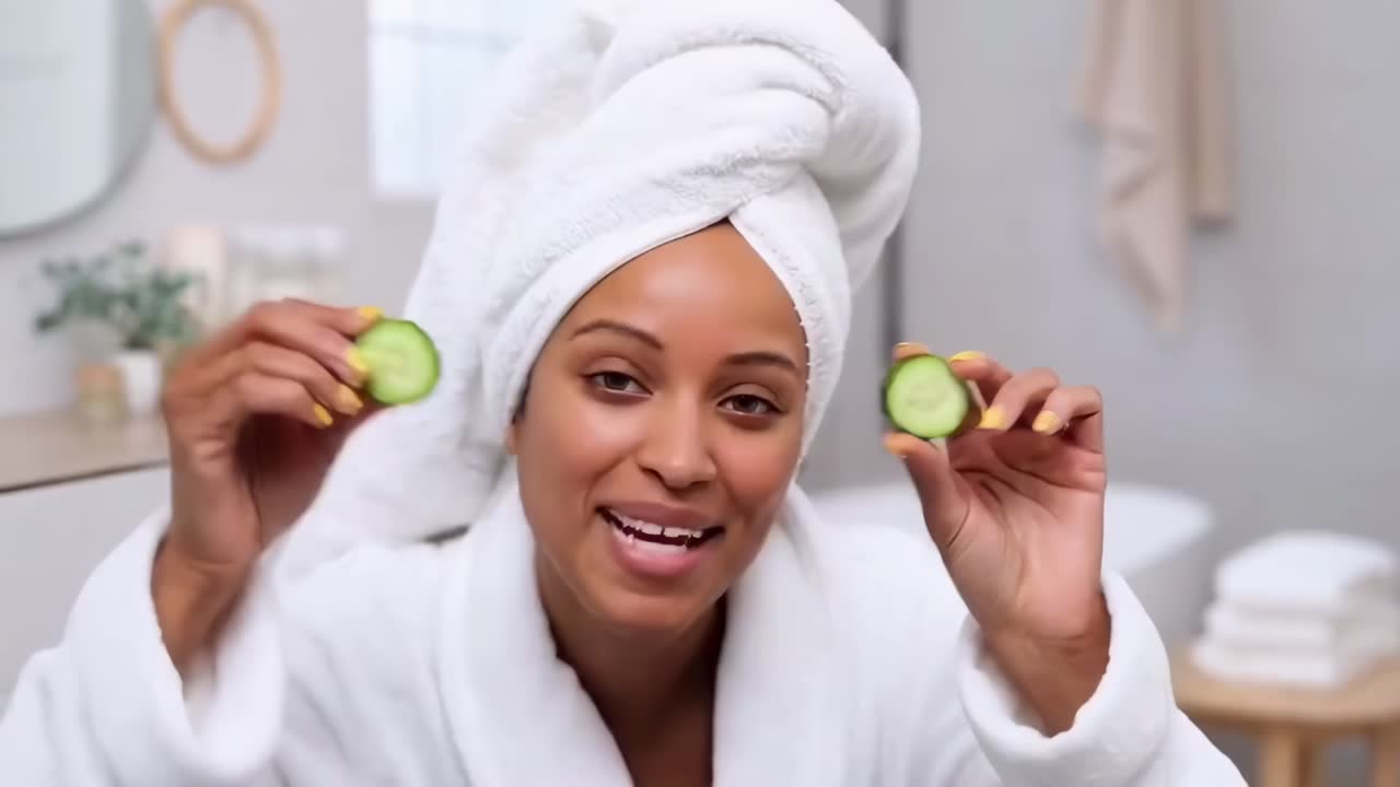 Mulher de roupão com toalha na cabeça, sorrindo e acenando para a câmera.