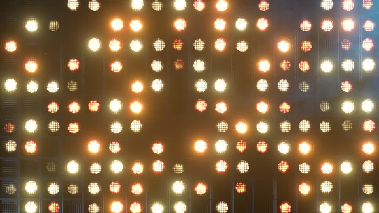 luces pared intermitentes. luces intermitentes linternas para clubes y discotecas. faros de haz de matriz. lámpara de halógeno para clubes nocturnos. renderizado 3d de bucle sin costuras. luz cálida