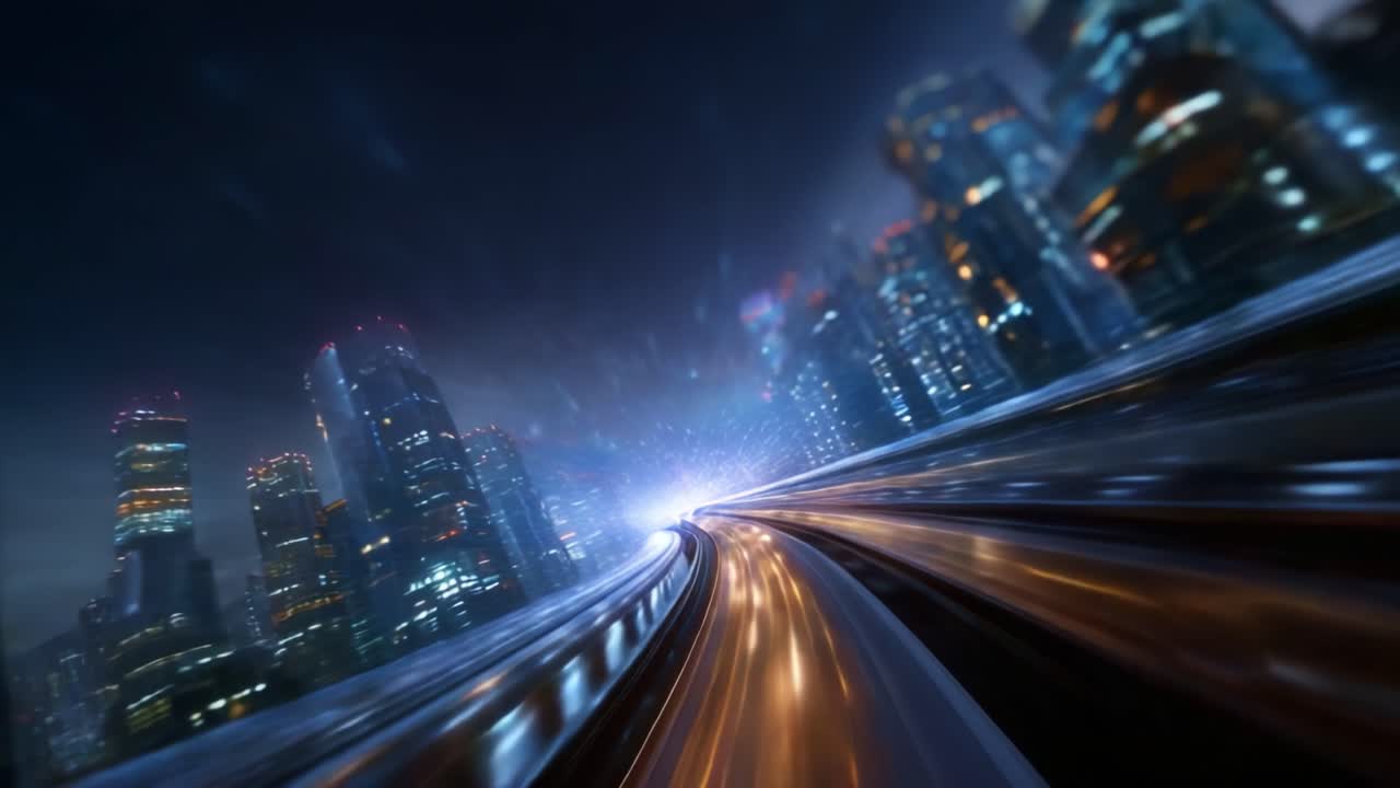 Sfrecciando attraverso un paesaggio urbano futuristico di notte, luci intense e grattacieli creano un ambiente urbano dinamico in movimento, catturando energia e movimento