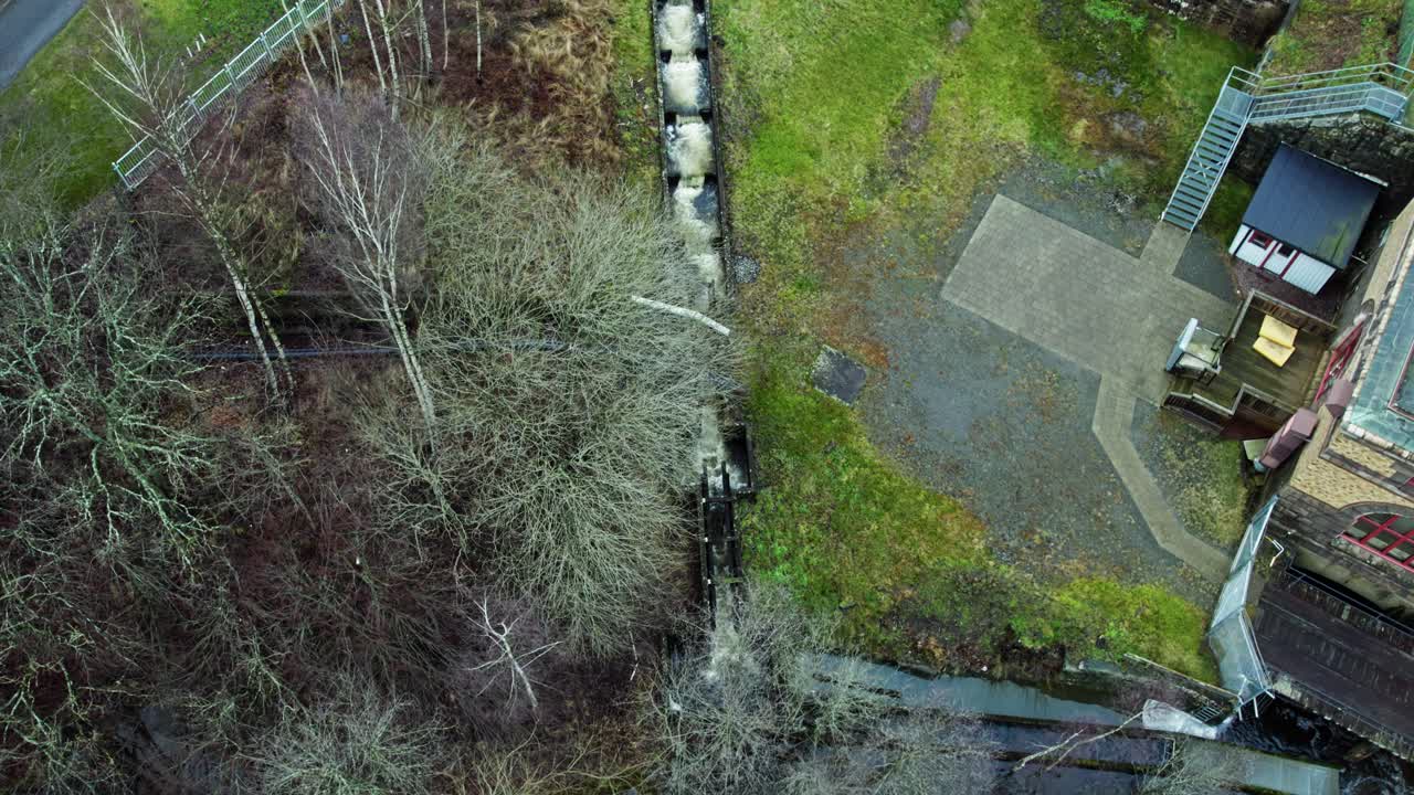 Above View Of Built Fish Ladder Towards A River Dam In Jonsered, Sweden. Aerial Shot