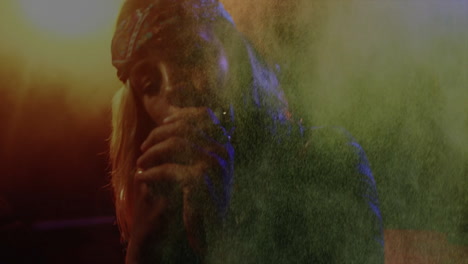 woman singing into mic on music stage, featuring animated smoke particles and data chart overlays