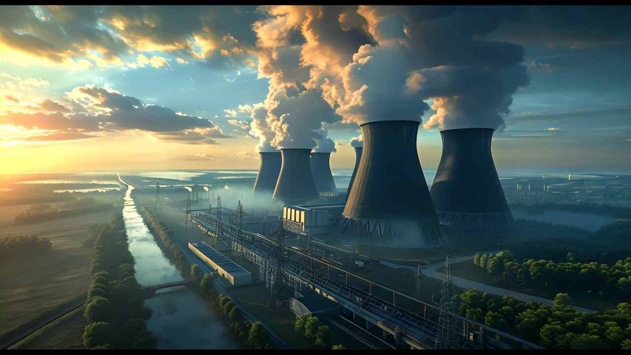 A power plant with four smokestacks is shown in the sky