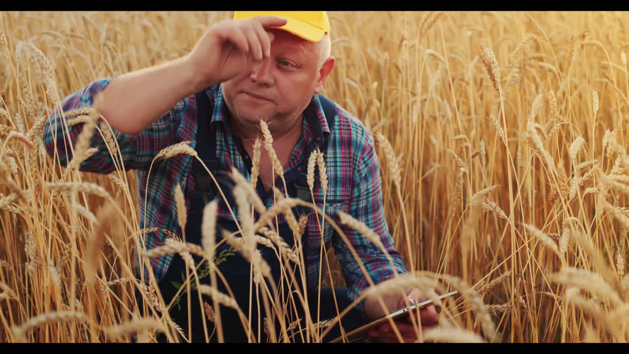 Farmer inspecting wheat field with tablet