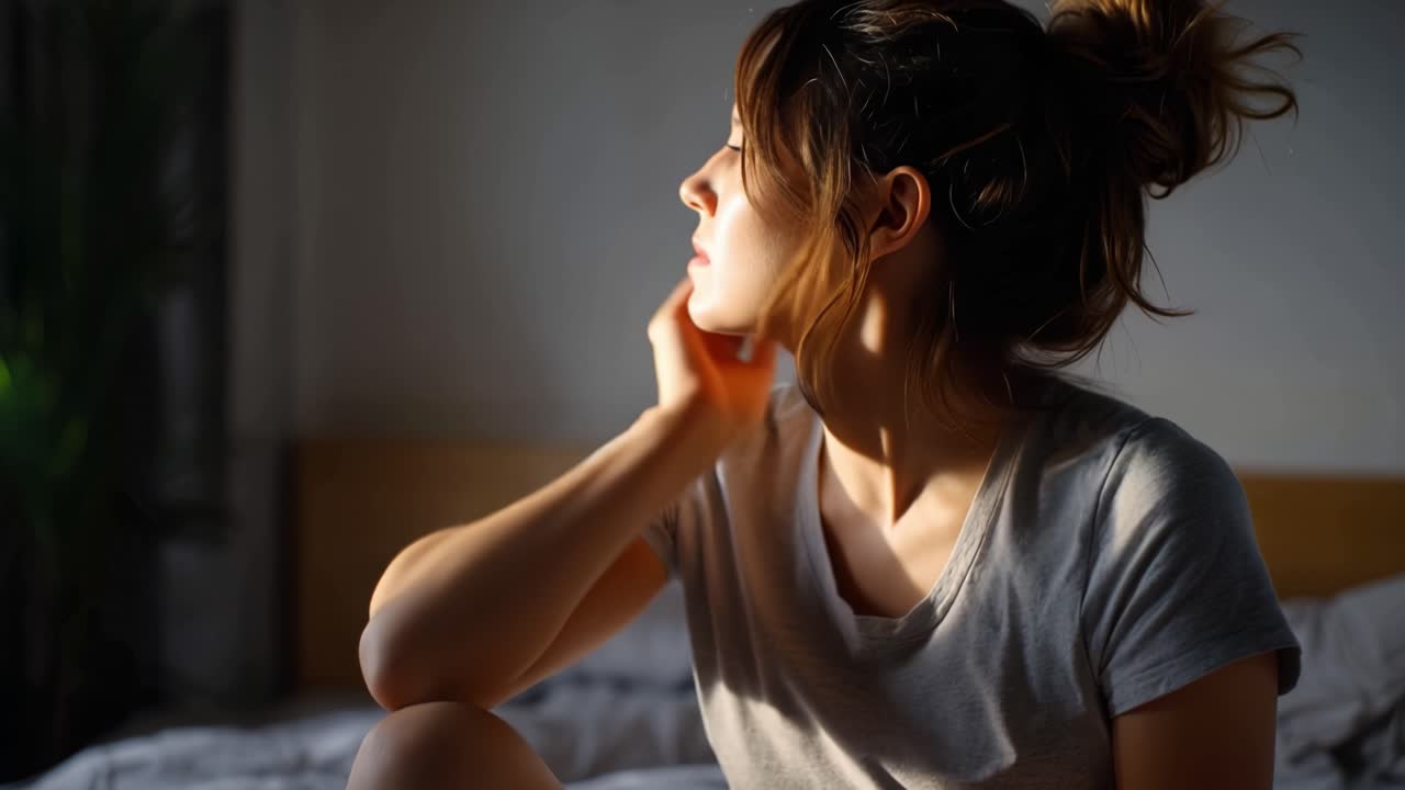 Soft morning light touches her face. She sits on the bed, head resting on her hand. Her eyes look down, lost in thought. She turns slightly, sunlight glows on her cheek. Quiet, introspective