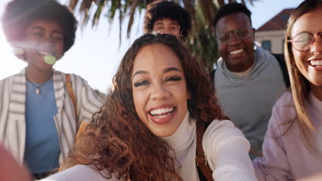 friends, selfie and face of people with peace sign