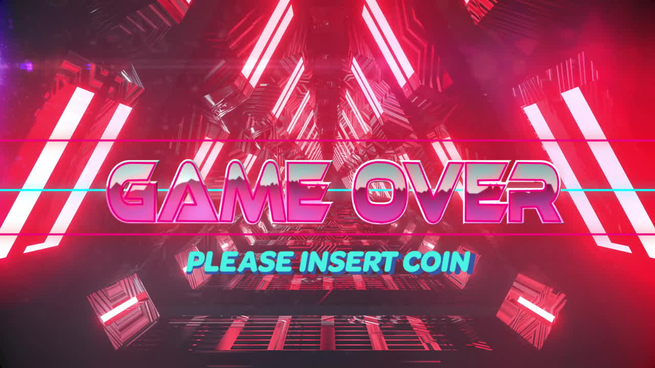 Game Over animation on retro arcade screen, Please Insert Coin message displayed