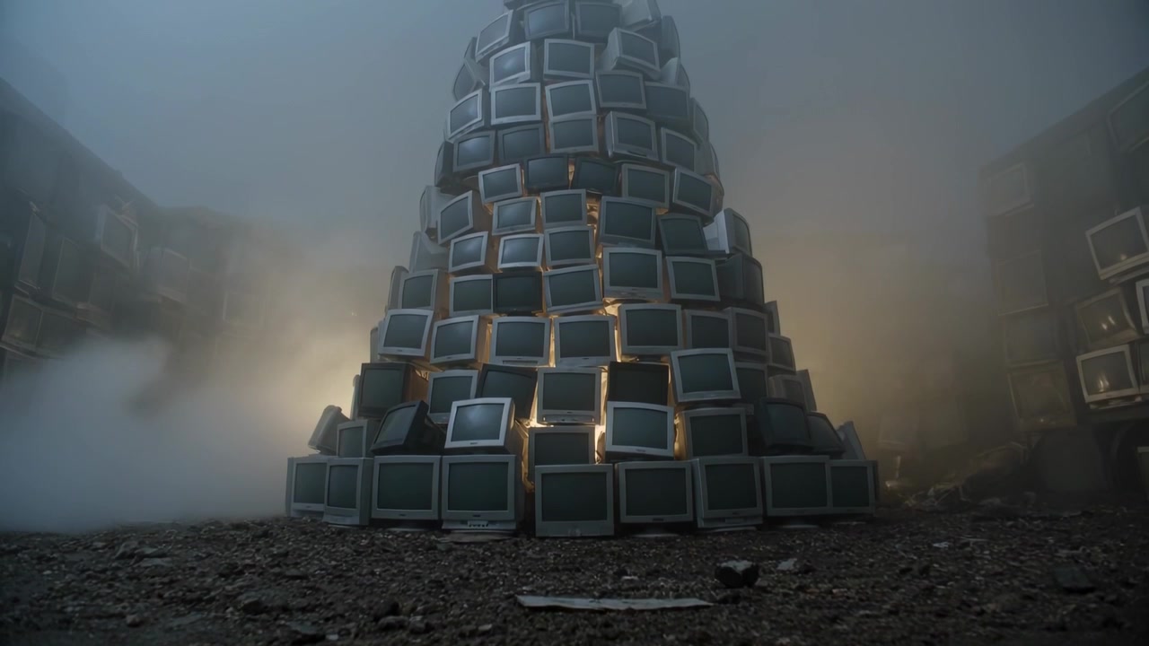 Flickering CRT TV pyramid emitting warm light in abandoned lot as fog drifting in, with debris