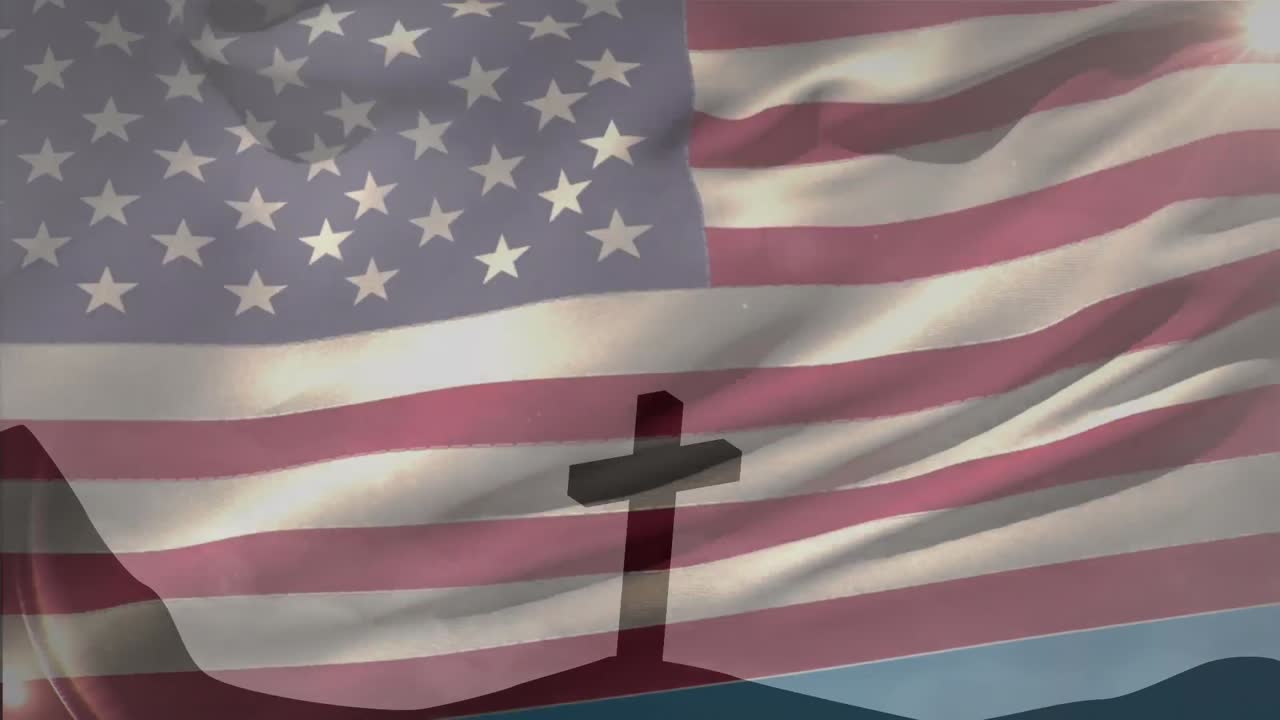 Animation of christian cross and flag of united states of america