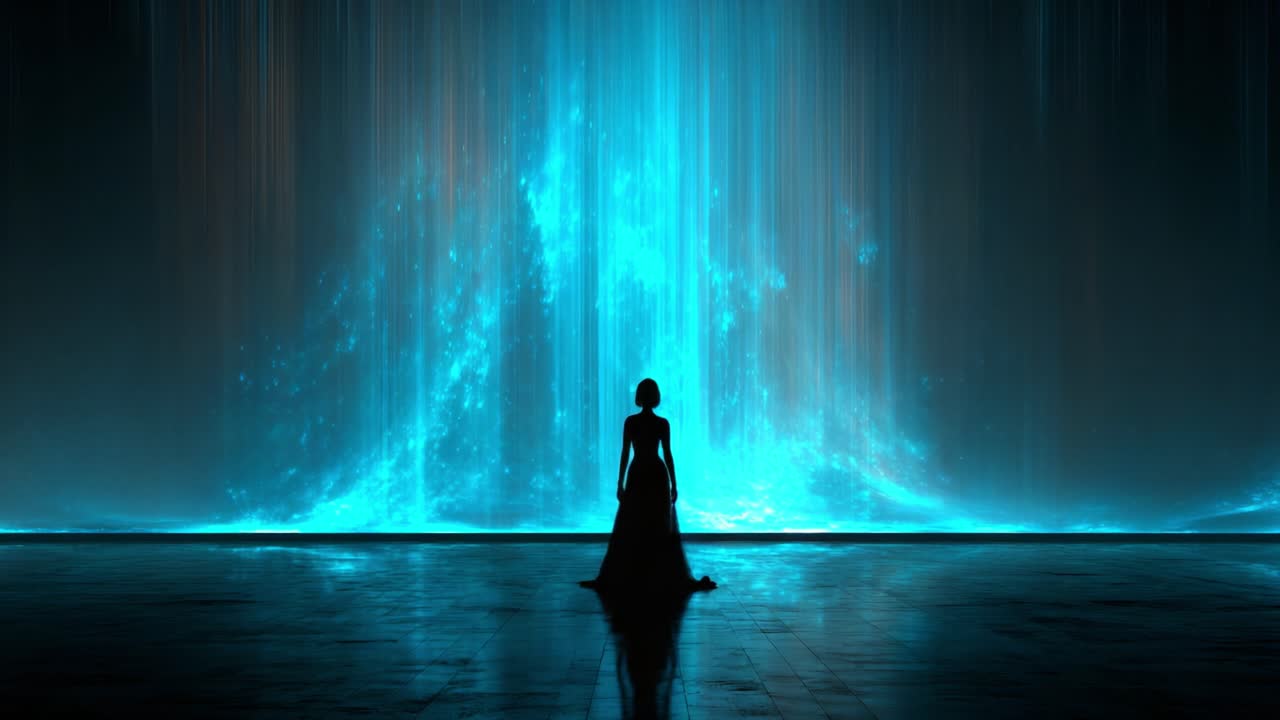Ethereal Silhouette Against a Cosmic Waterfall: A Journey Through Light and Shadow in an Enchanting Scene of Mystical Beauty and Tranquility Captured in Stunning Visual Depth