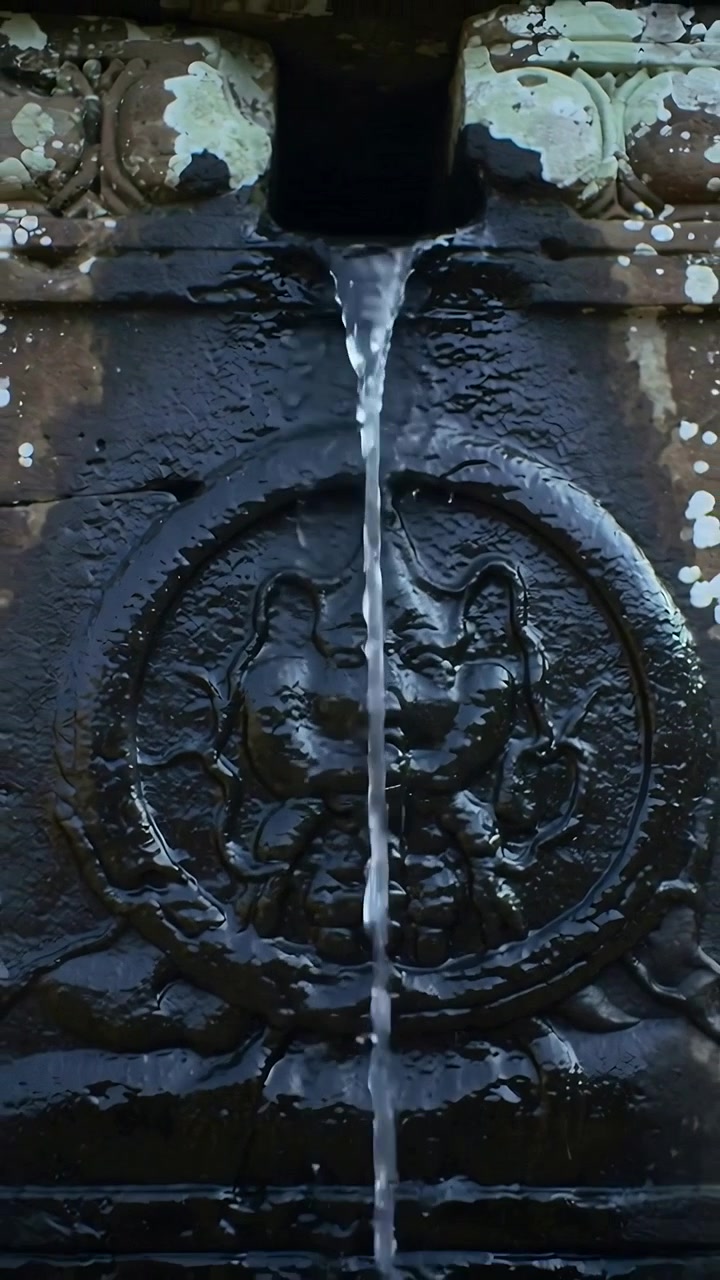 Video verticale: Acqua che scorre da un beccuccio di pietra, un sottile filo d'acqua che scende lungo un medaglione di pietra e si raccoglie sul bordo.