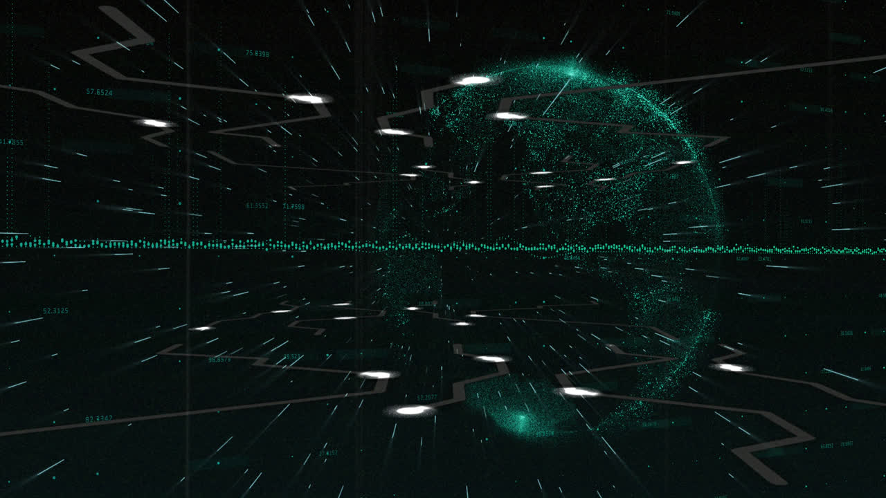 Light trails moving against music equalizer against globe on black background