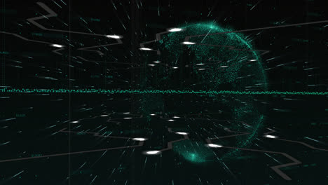 Light-trails-moving-against-music-equalizer-against-globe-on-black-background