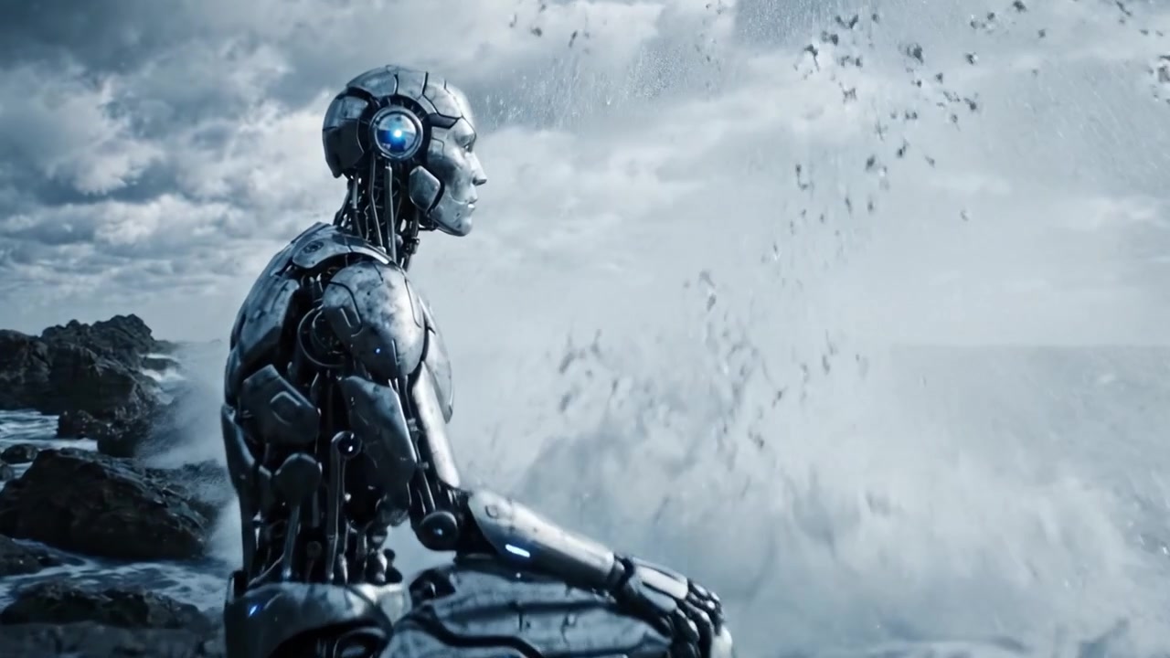 Una figura robotica riflessiva guarda attraverso l'oceano tumultuoso, incarnando un profondo senso di contemplazione su uno sfondo di cieli tempestosi e onde che si infrangono.