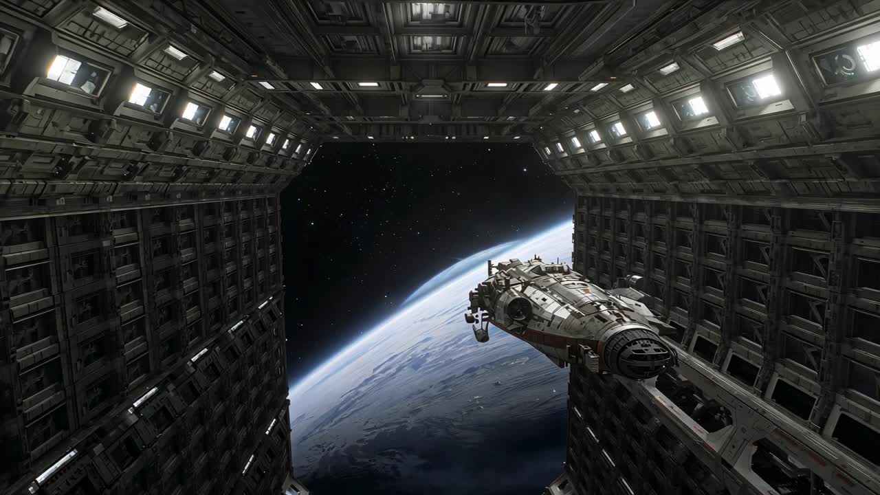 Docking arm starting while medium craft moving out from bay to depart, Earth, copy space